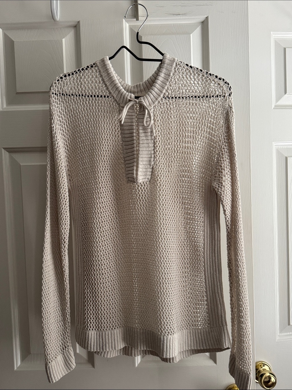 Light Beige Open-Knit Tie-Neck Sweater